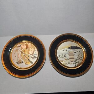 Vintage Chokin Naohisa Geisha And Mt Fiji Collectible Plates 24K Gold Set